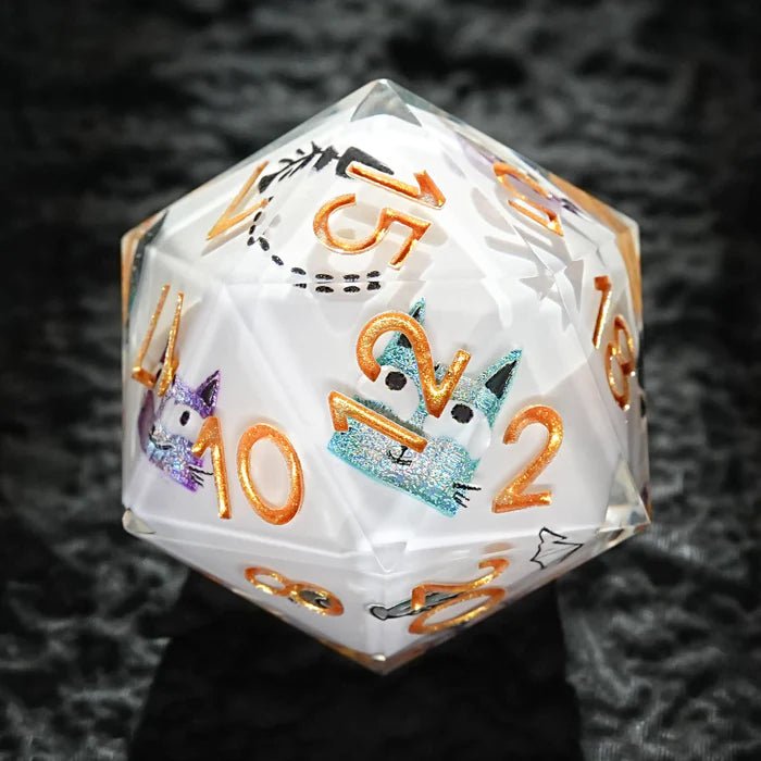 Custom DND polyhedral sticker dice, white transparent resin D20 dice with various cute cartoon cat stickers, engraved gold numbers, personalized dice gift | Bear Dice