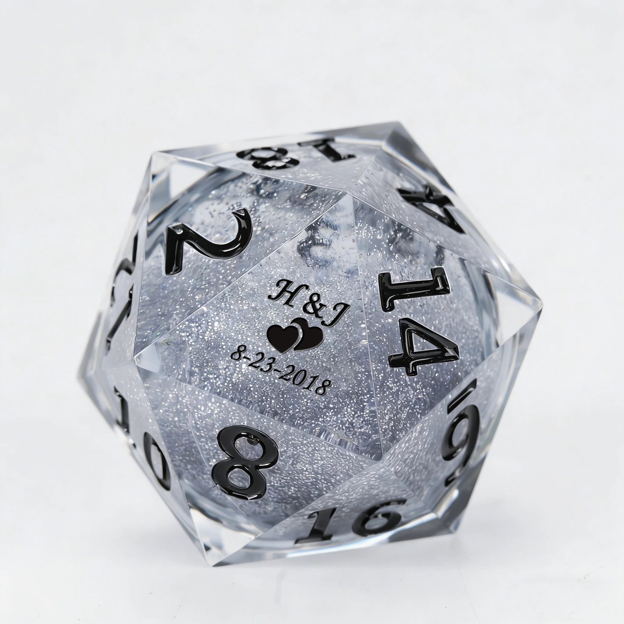 Custom Giant Dice - Custom giant D20 dice, 35mm personalized silver liquid core D20 dice, engraved with names, dates, symbols | Bear Dice