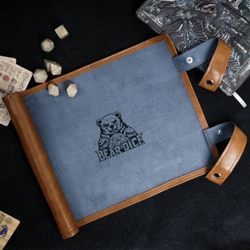 One-piece brown leather padded tray roll-type DND dice box with customizable logo printing in the center of the roll. Suitable for Dungeons & Dragons, DND gifts, Pathfinder, and dice accessories | Bear Dice