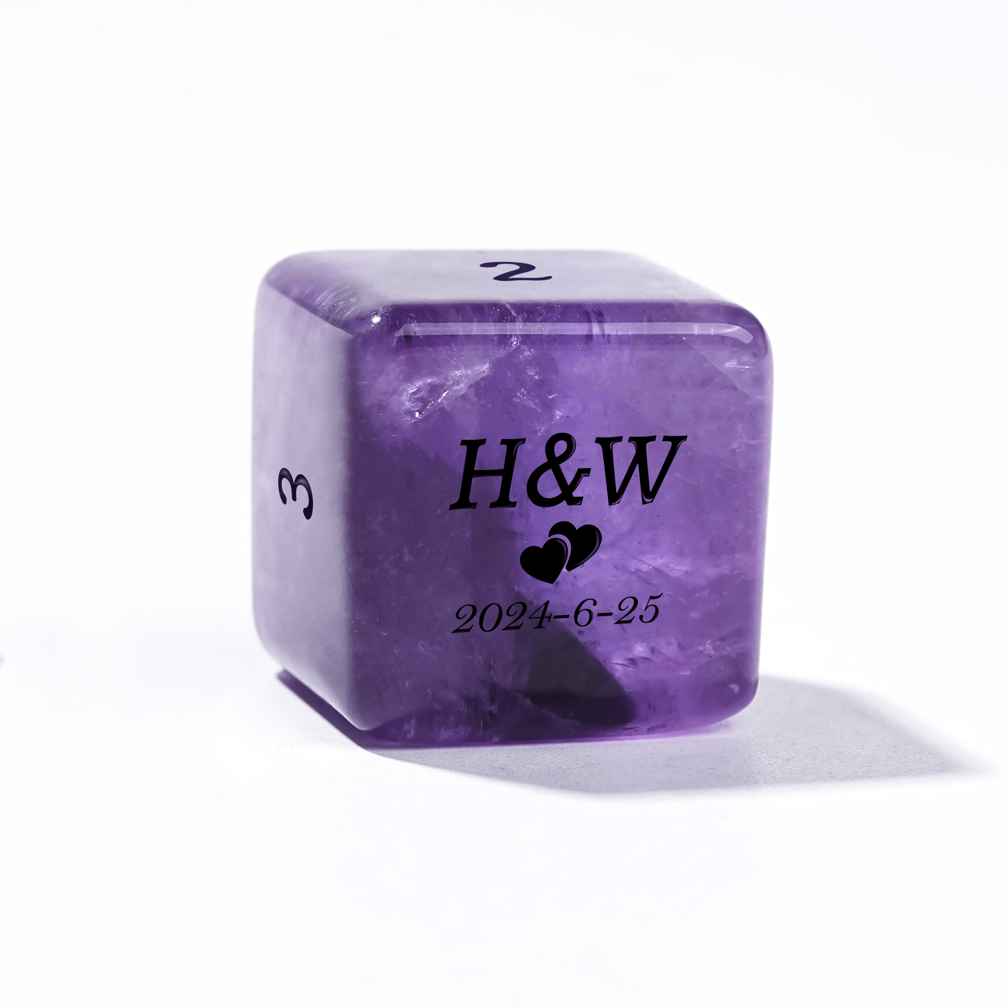 Custom personalized purple natural gemstone D6 dice, engraved with text, dates, symbols, names, patterns, etc. | Bear Dice