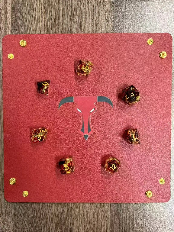 Custom leather DND dice tray customer renderings: Foldable, personalized dice rollers, red dice tray with a colorful logo printed in the center