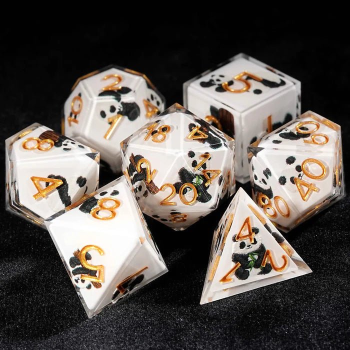 Customized DND polyhedral sticker dice set, featuring white transparent resin dice with various cute panda stickers and engraved purple numbers. A personalized dice gift | Bear Dice