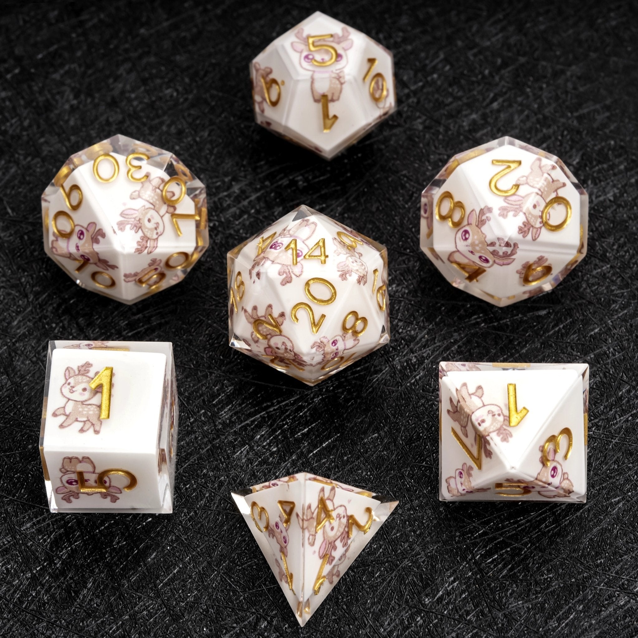 Customized DND polyhedron sticker dice set, featuring white transparent resin dice with various cute deer stickers and engraved gold numbers. A personalized dice gift | Bear Dice