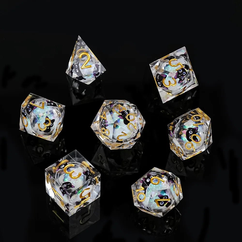Cute big-eyed black cat DND transparent resin dice set with gold numbers, round colorful sequin liquid core | Bear dice