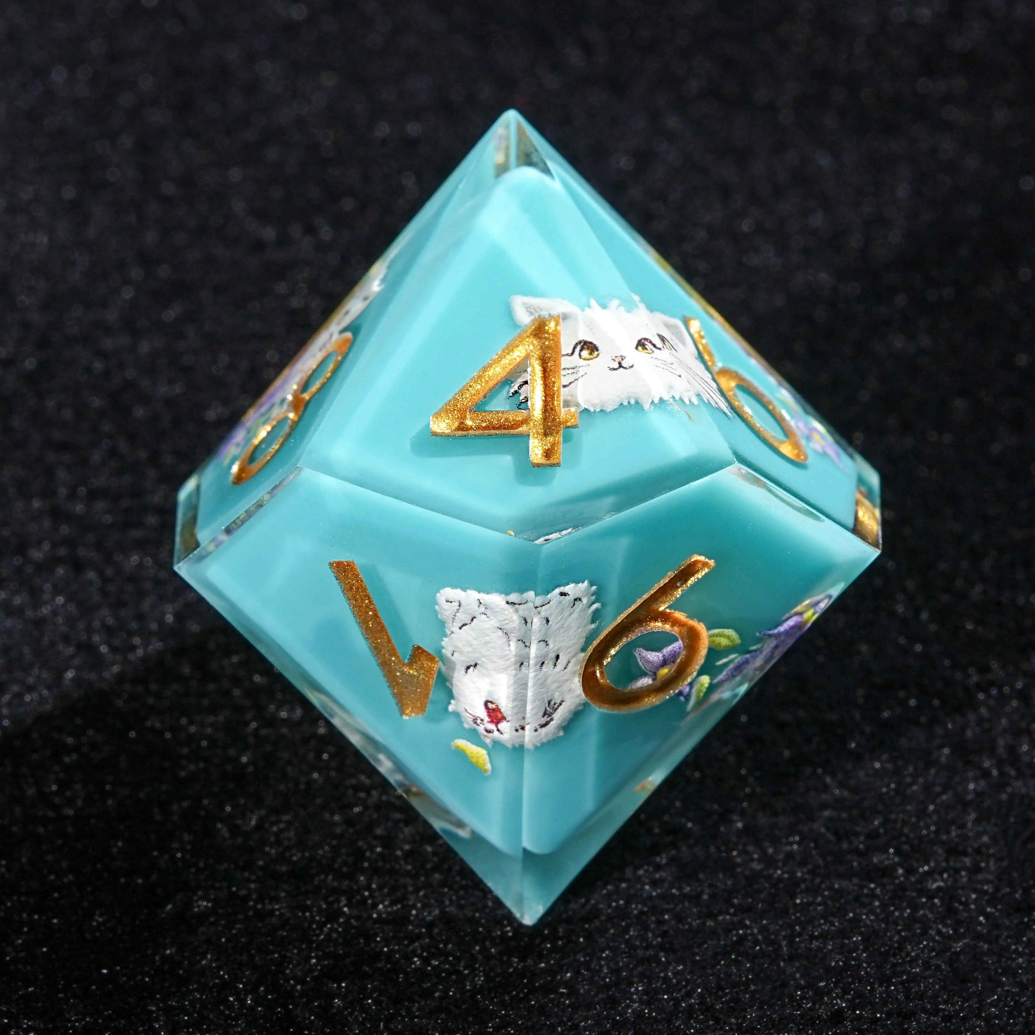 Cute plush white cat blue resin DND D8 dice with gold engraved numbers | Bear Dice