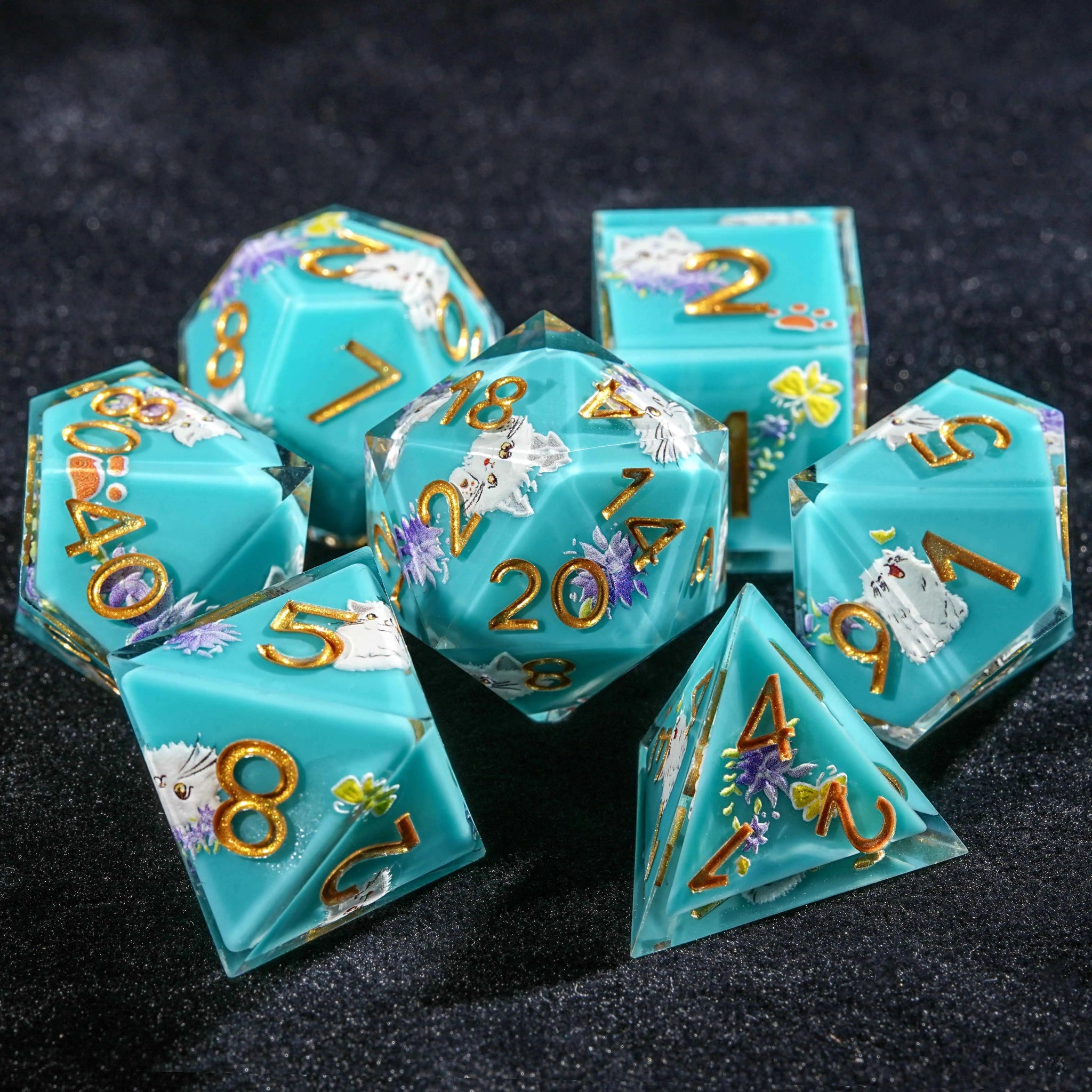 Cute plush white cat blue resin DND dice set with gold-engraved numbers | Bear Dice