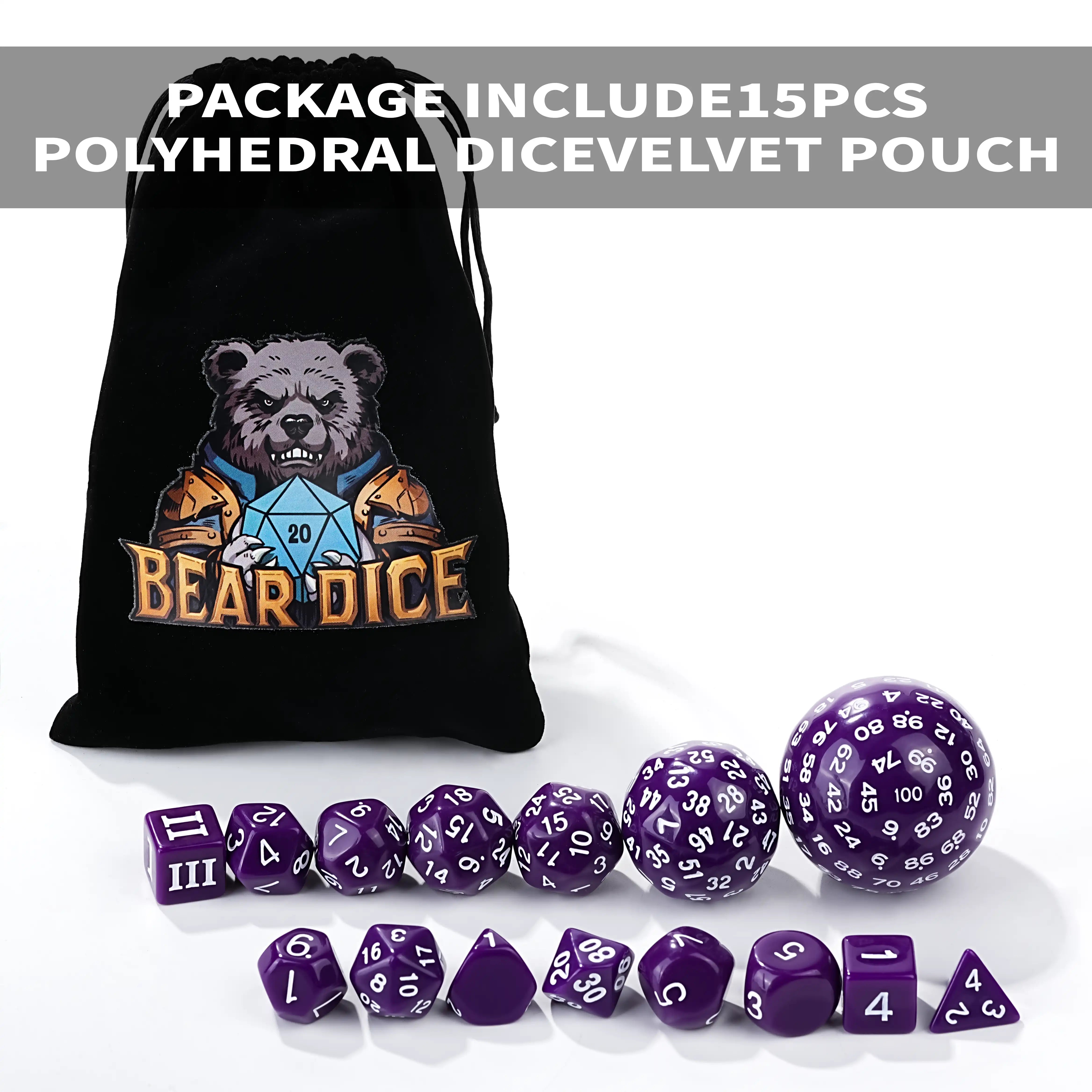 Purple D100 dice rolling on game table with full 15 dice set | BearDice