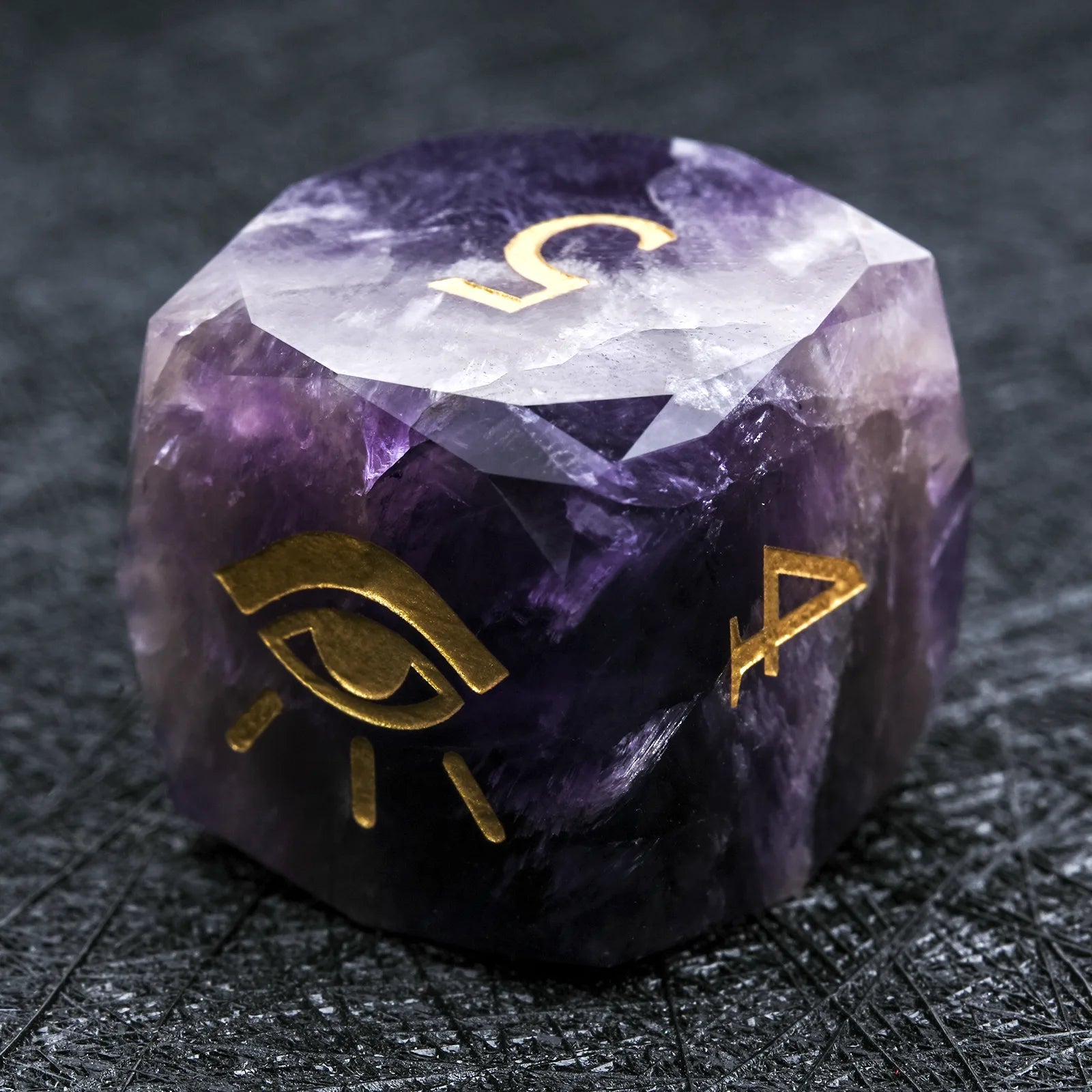 Finely Polished Natural Amethyst D6 Die — Gold "All-Seeing Eye" Gemstone Die