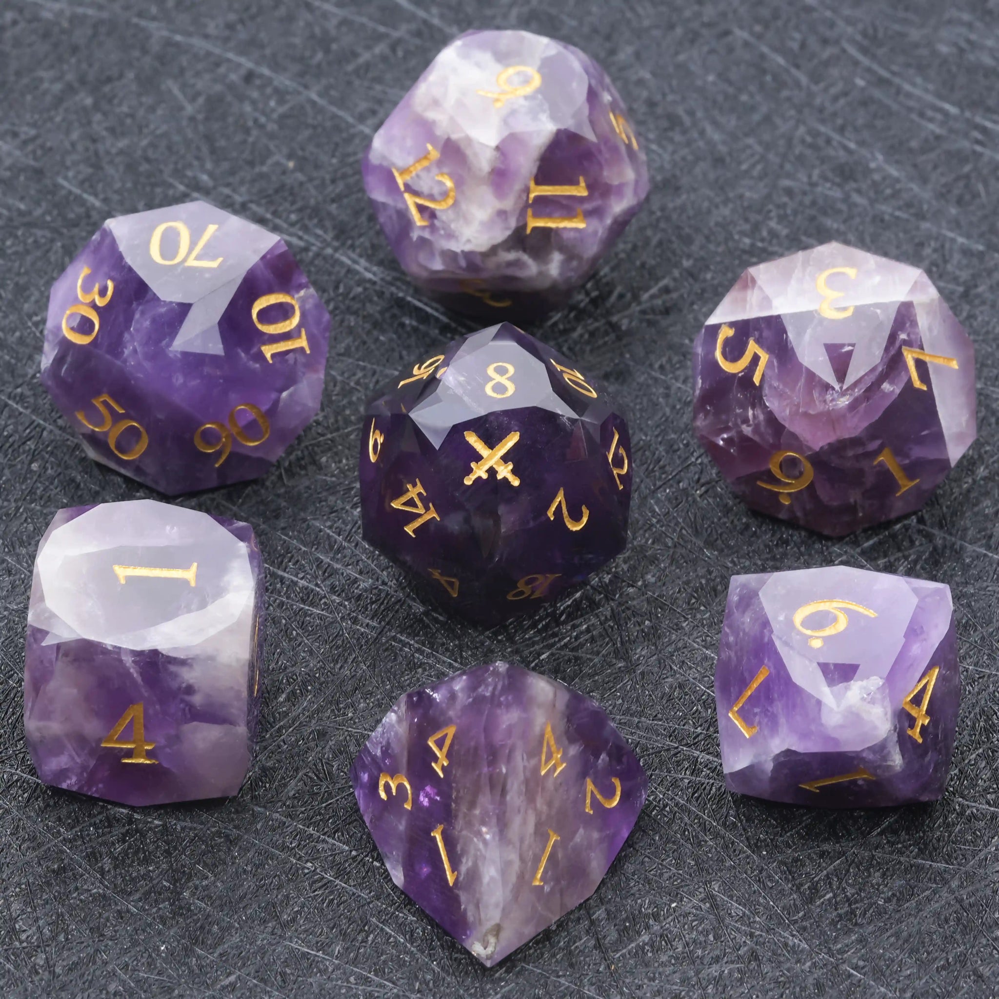 DND Multifaceted Amethyst Natural Gemstone Dice Set, D20 dice with double swords engraved on the face of the highest-scoring die | Bear Dice