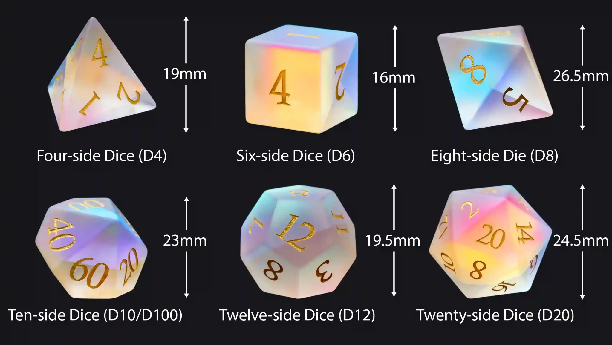 DND Iridescent Prism Glass Dice Set Dimensions: D4≈19mm; D6≈16mm; D8≈26mm; D10/D%≈23mm; D12≈19.5mm; D20≈24.5mm | Bear Dice