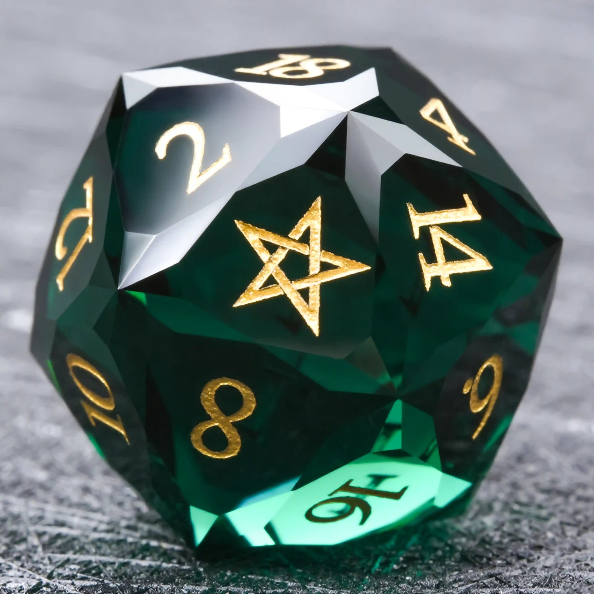 DND Multifaceted Dark Green Clear Glass D20 Dice with Engraved Gold Five-Pointed Star Pattern | Bear Dice