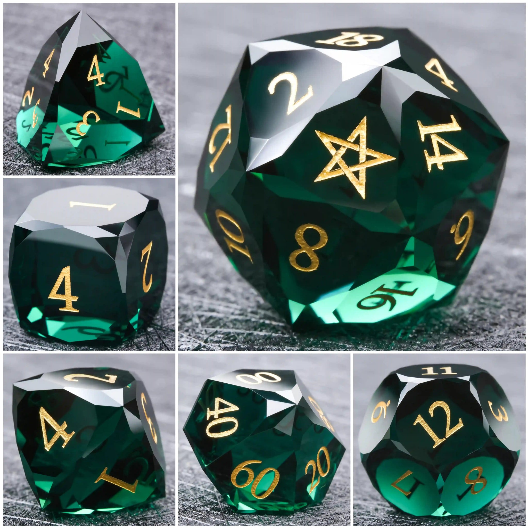 DND Multifaceted Dark Green Glass Gemstone Dice Set, Engraved with Gold Five-Pointed Star Pattern + Gold Numbers | Bear Dice