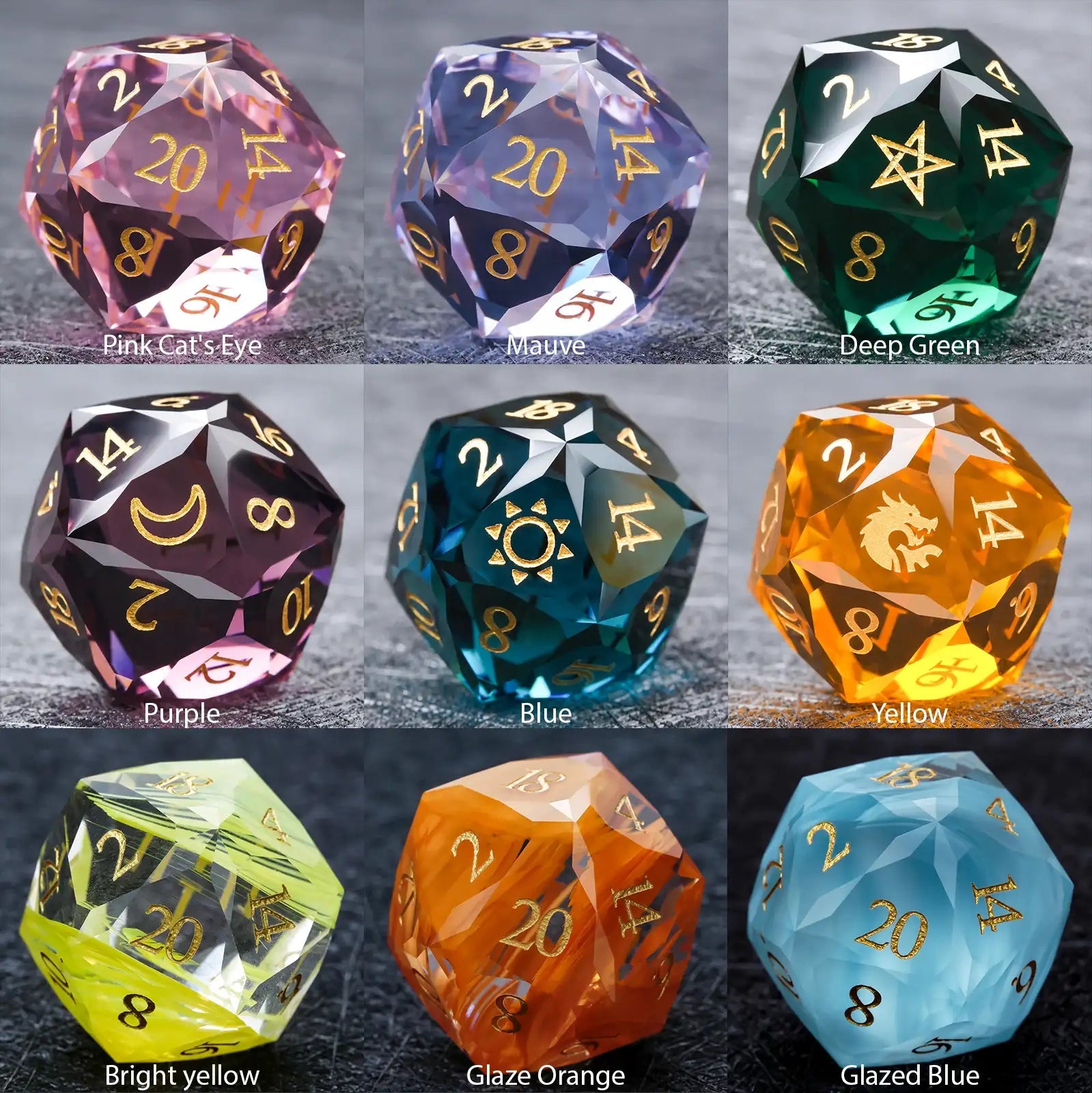 The DND multifaceted engraved glass gemstone dice set comes in 9 colors: pink cat's eye, blue, light purple, dark green, yellow, bright yellow, glazed orange, glazed blue, and purple - Bear Dice.
