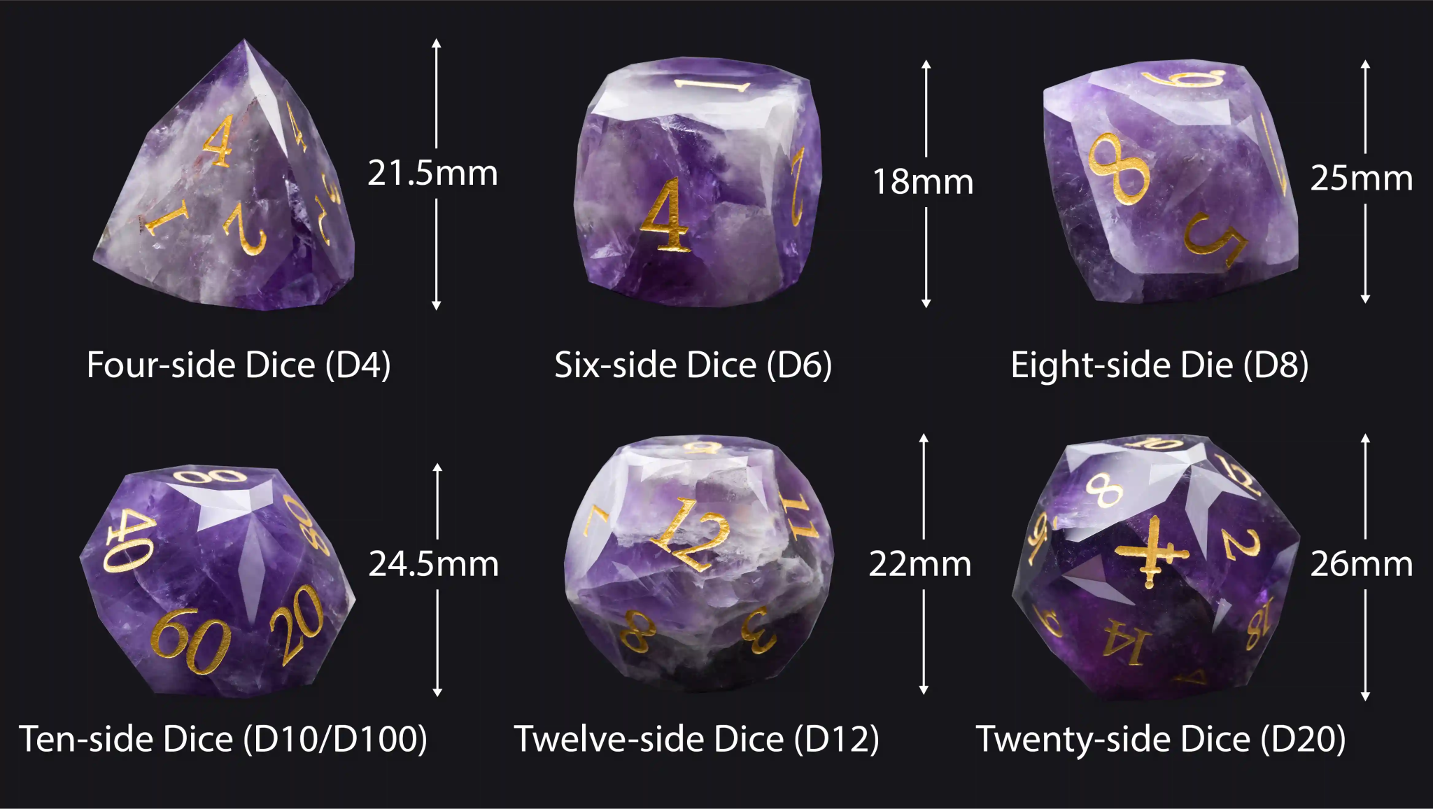 DND Multifaceted Natural Gemstone Dice Set Sizes: D4 Dice ≈ 21.5 mm; D6 Dice ≈ 18 mm; D8 Dice ≈ 25 mm; D10/D% Dice ≈ 24.5 mm; D12 Dice ≈ 22 mm; D20 Dice ≈ 26 mm | Bear Dice
