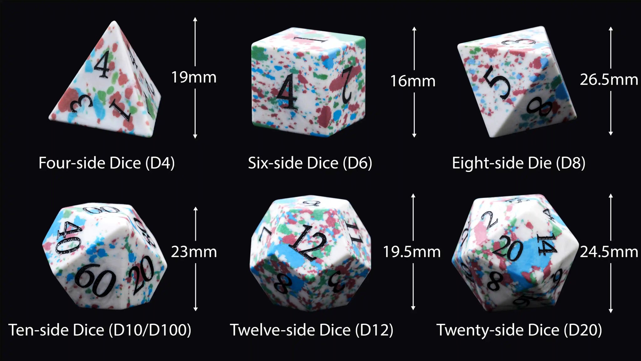 DND Standard Natural Gemstone Dice Set Sizes: D4 Dice ≈ 19 mm; D6 Dice ≈ 16 mm; D8 Dice ≈ 26.5 mm; D10/D% Dice ≈ 23 mm; D12 Dice ≈ 19.5 mm; D20 Dice ≈ 24.5 mm | Bear Dice