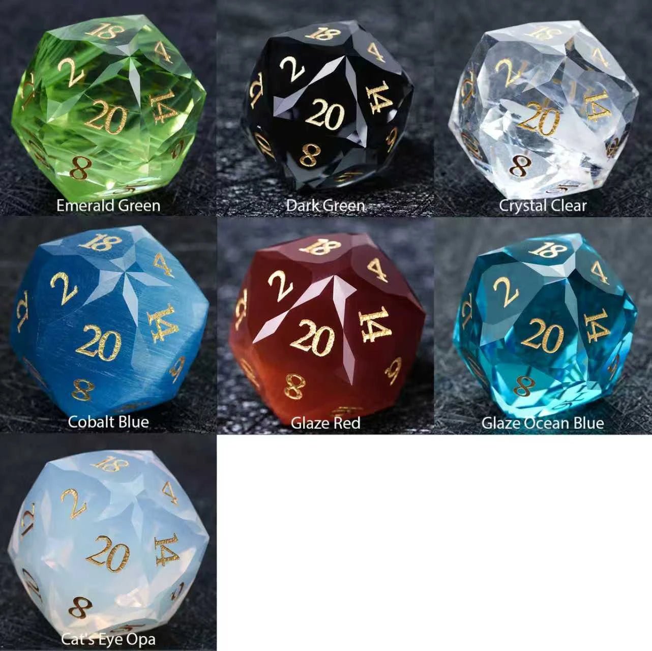 DND multi-faceted engraved glass gemstone dice set comes in 7 colors: cobalt blue, glazed ocean blue, dark green, glazed red, crystal clear, cat's eye, and clear green | Bear Dice