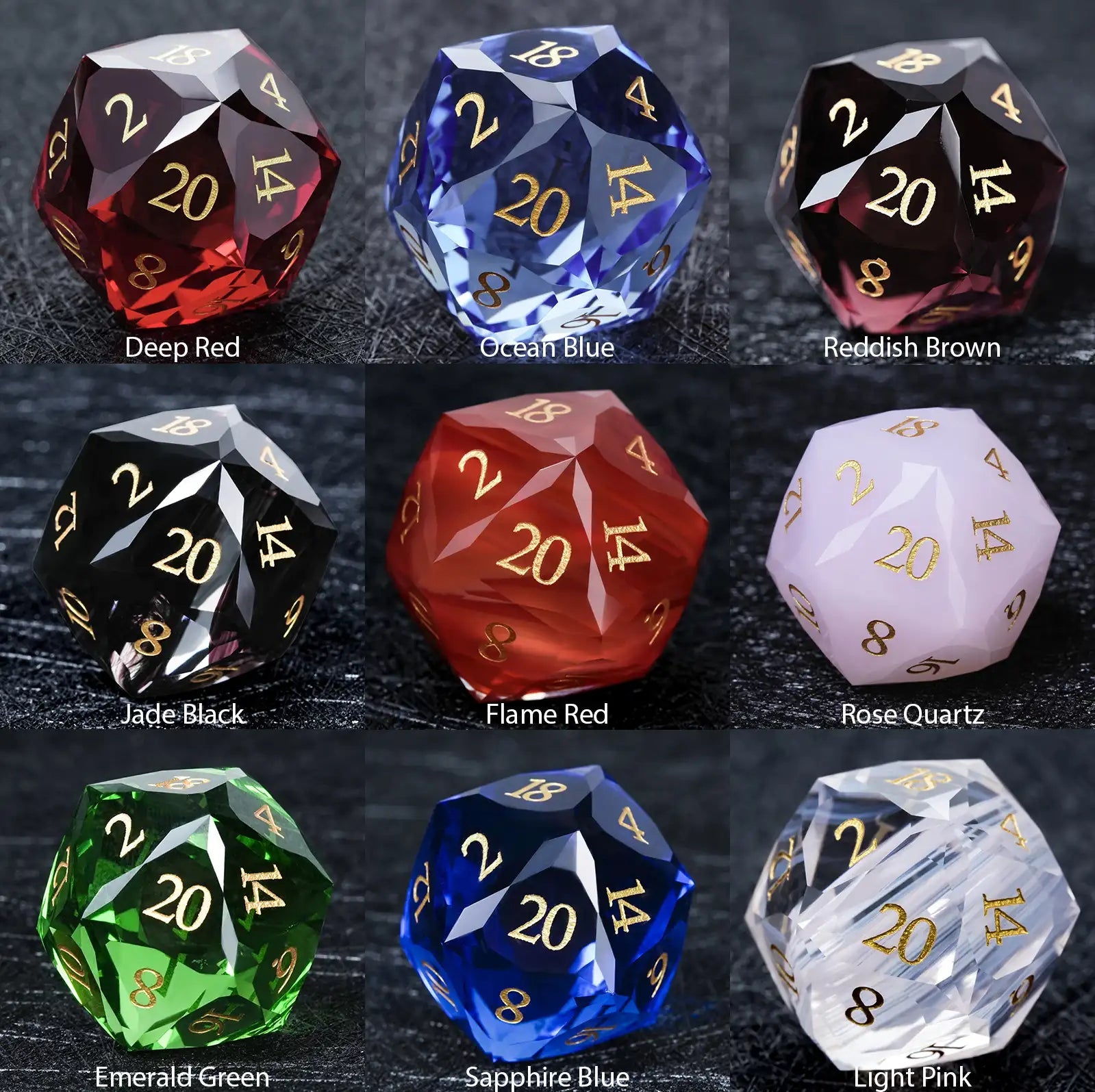 DND multi-faceted engraved glass gemstone dice set available in 9 colors: Emerald Black, Emerald Green, Deep Red, Navy Blue, Sapphire Blue, Light Pink, Reddish Brown, Flame Red, and Rose Quartz | Bear Dice