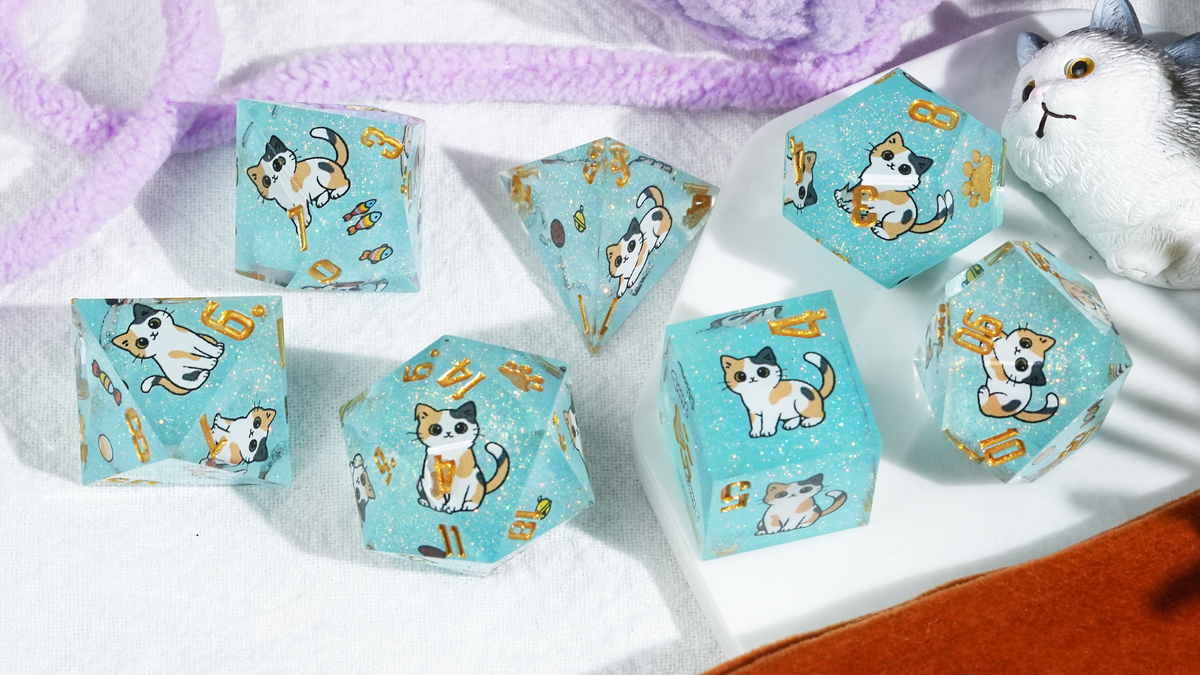 Kickstarter Dice — Cute Cat DND Resin Polyhedral Dice Set