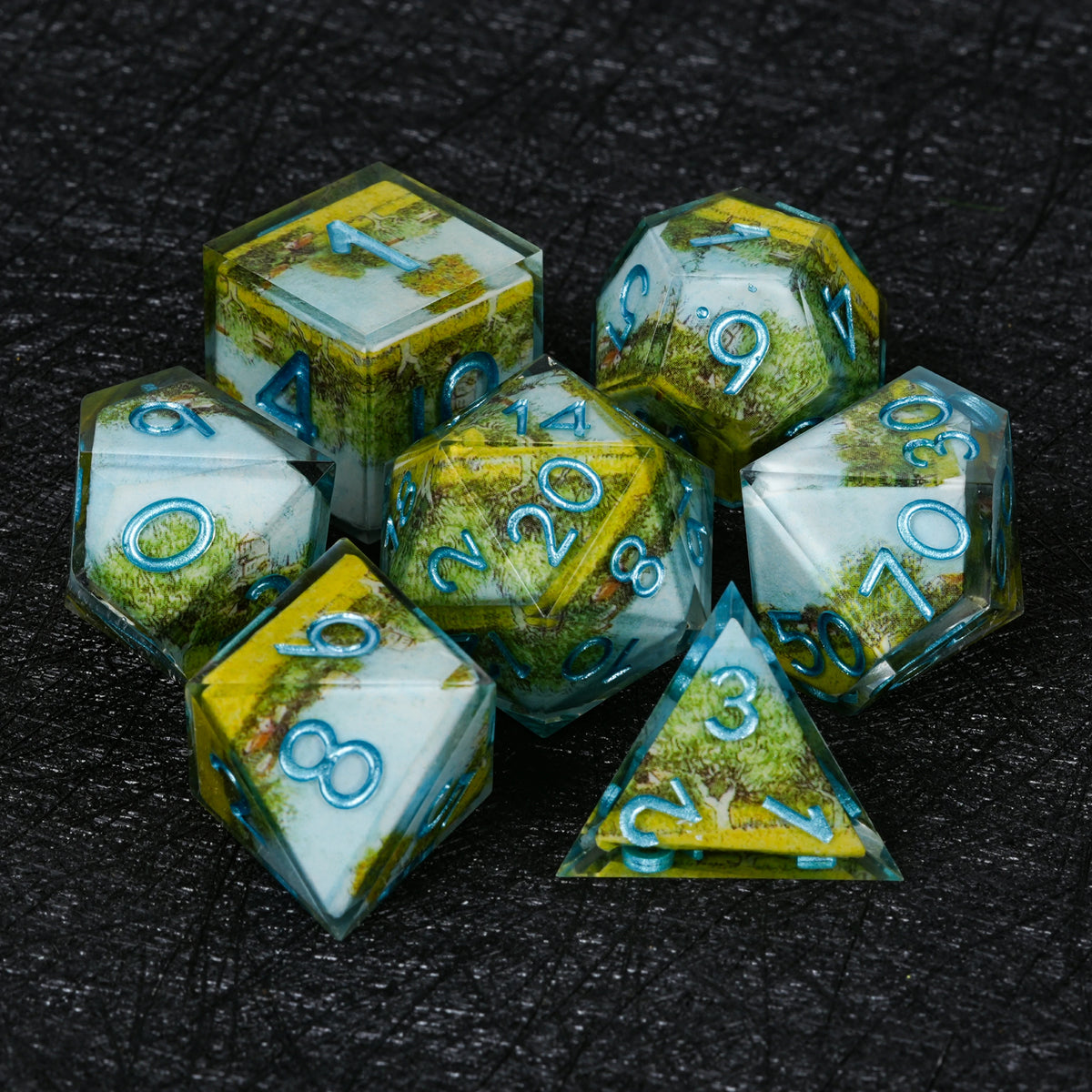 Landscape Resin Dice Set with Blue Numbers
