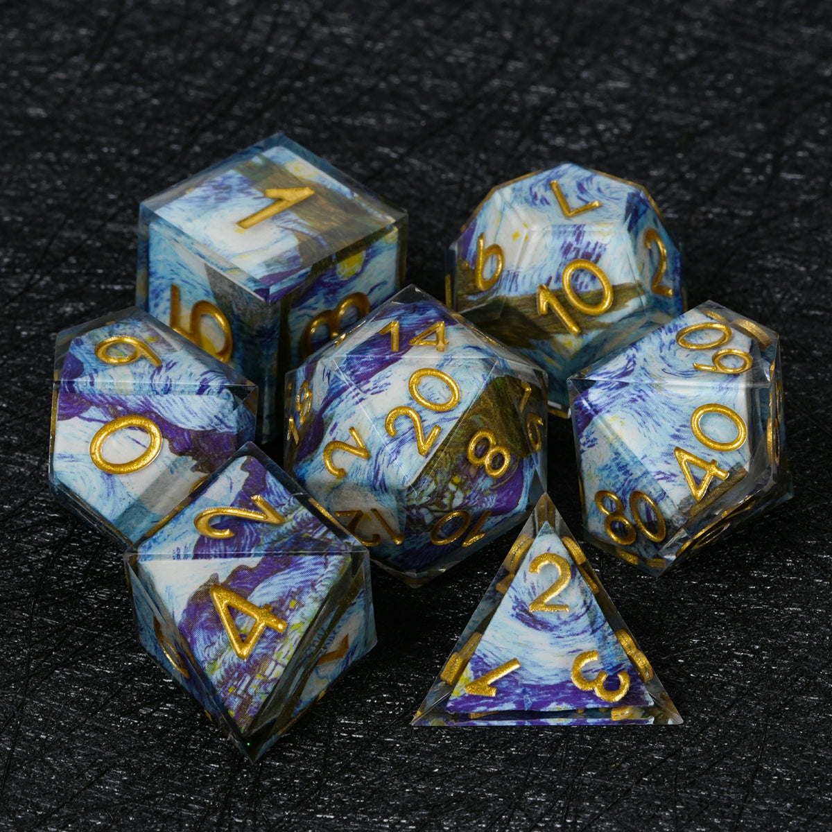 Blue & Purple Decal Resin Dice Set with Gold Numbers