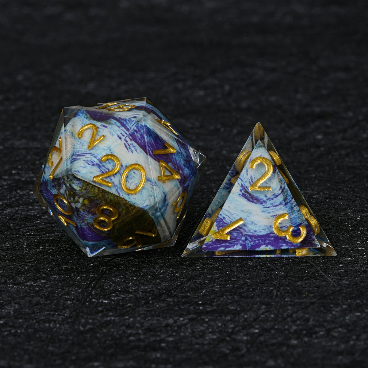 Blue & Purple Decal Resin Dice Set with Gold Numbers