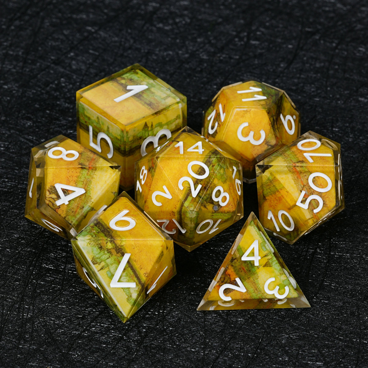 Golden Landscape Resin Dice Set with White Numbers