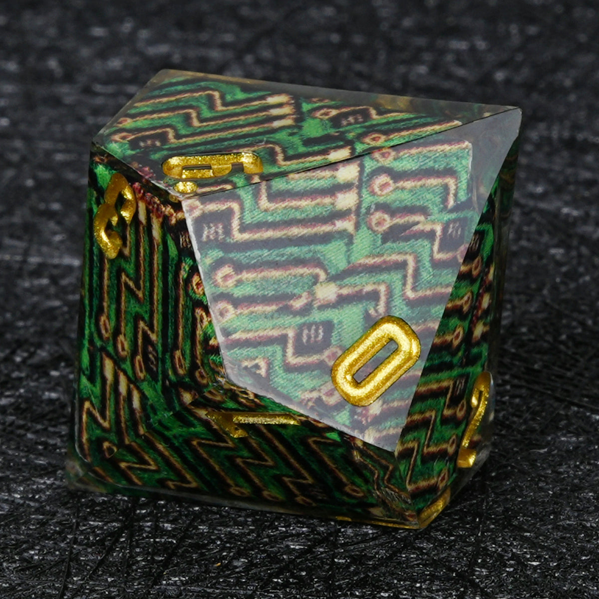 Circuit Board Resin Dice Set Green with Gold Numbers