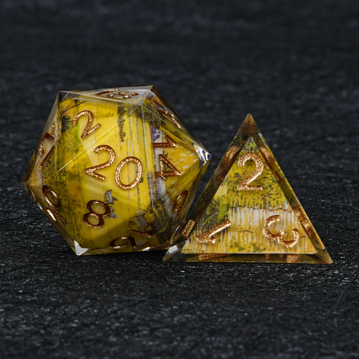 Yellow Landscape Resin Dice Set with Copper Numbers