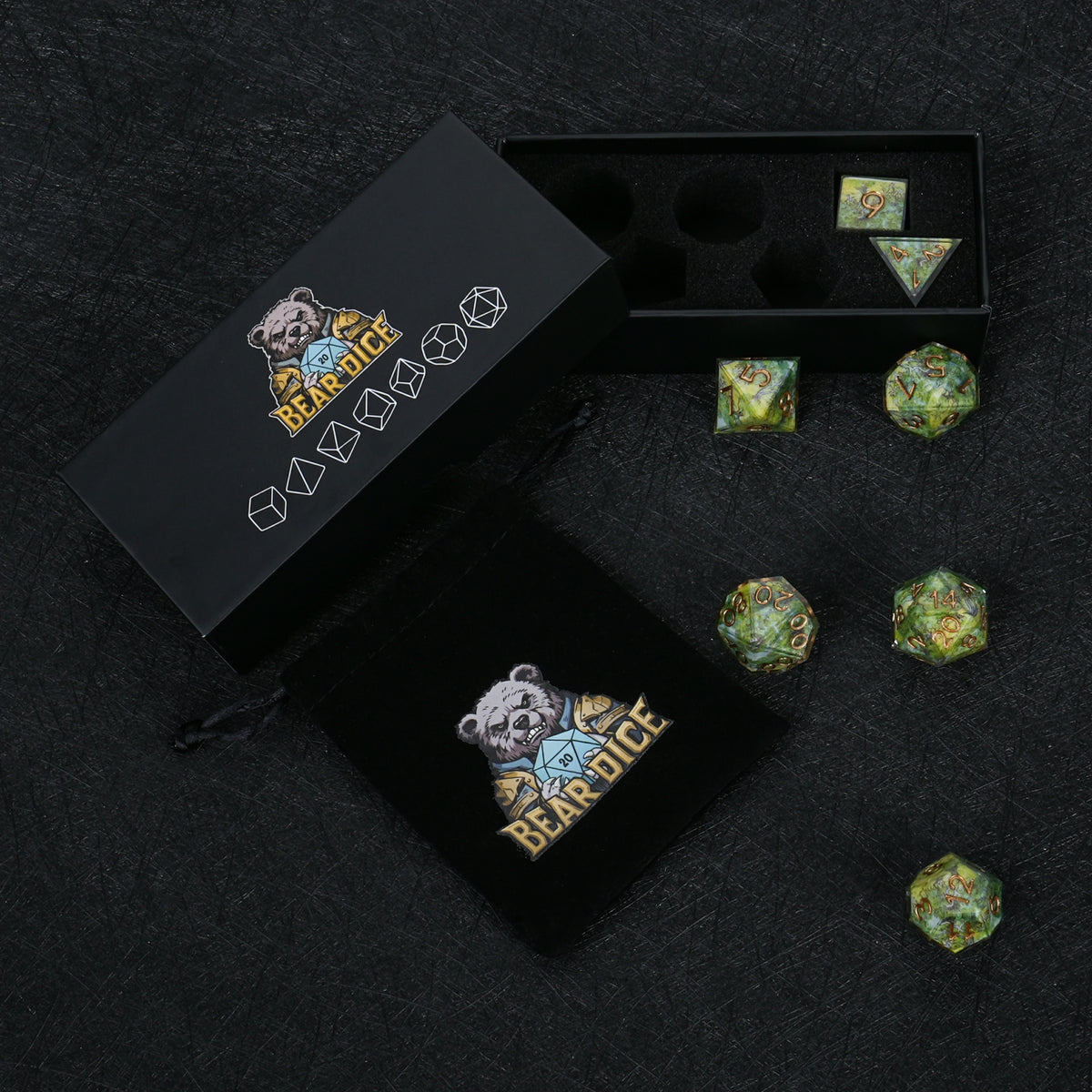 Green Map Resin Dice Set with Copper-Colored Numbers