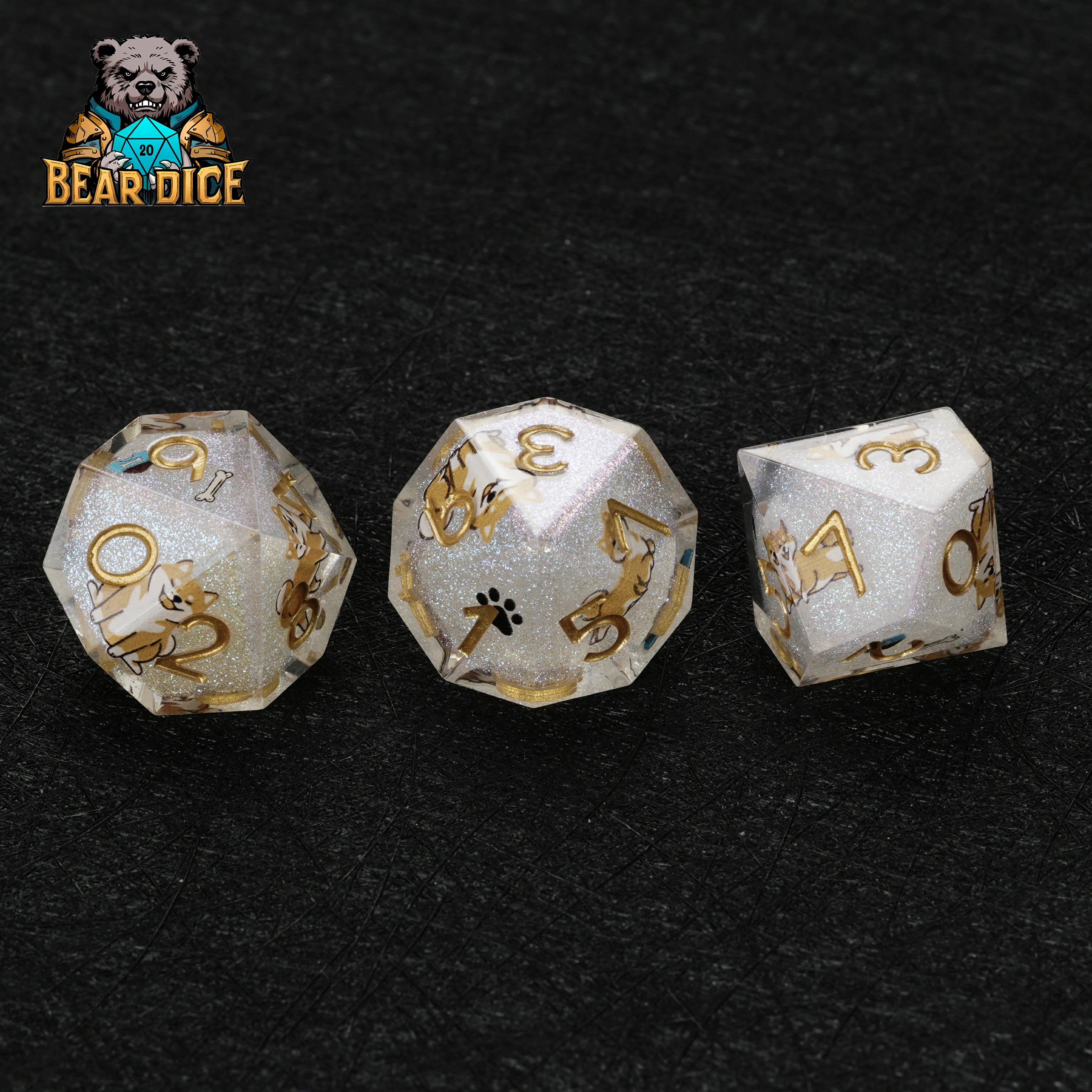 Shiba Inu White Glitter Resin DND D10 Dice | Bear Dice