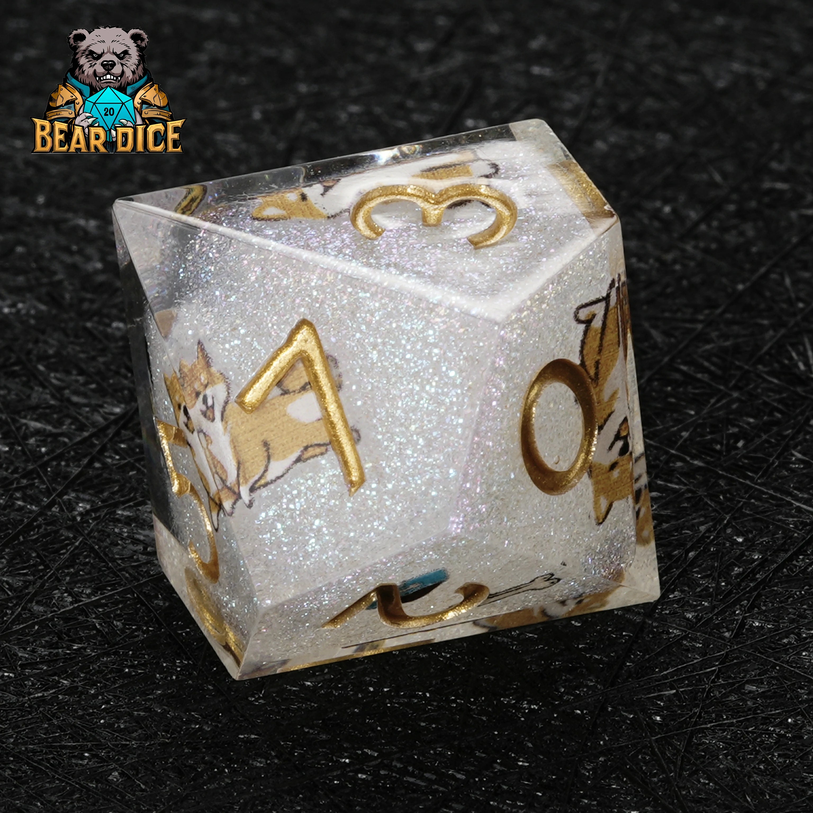Shiba Inu White Glitter Resin DND D10 Dice | Bear Dice