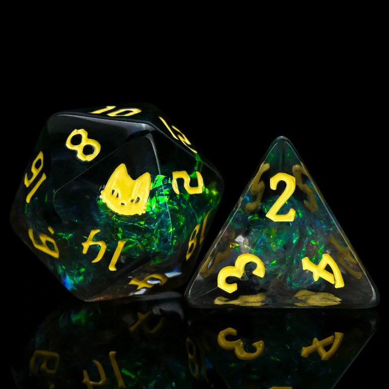 Kickstarter Trickster Dice - Dark Black Resin Mysterious Cat DND D20 and D4 Dice, engraved with Mysterious Cat design, yellow numbers | Bear Dice