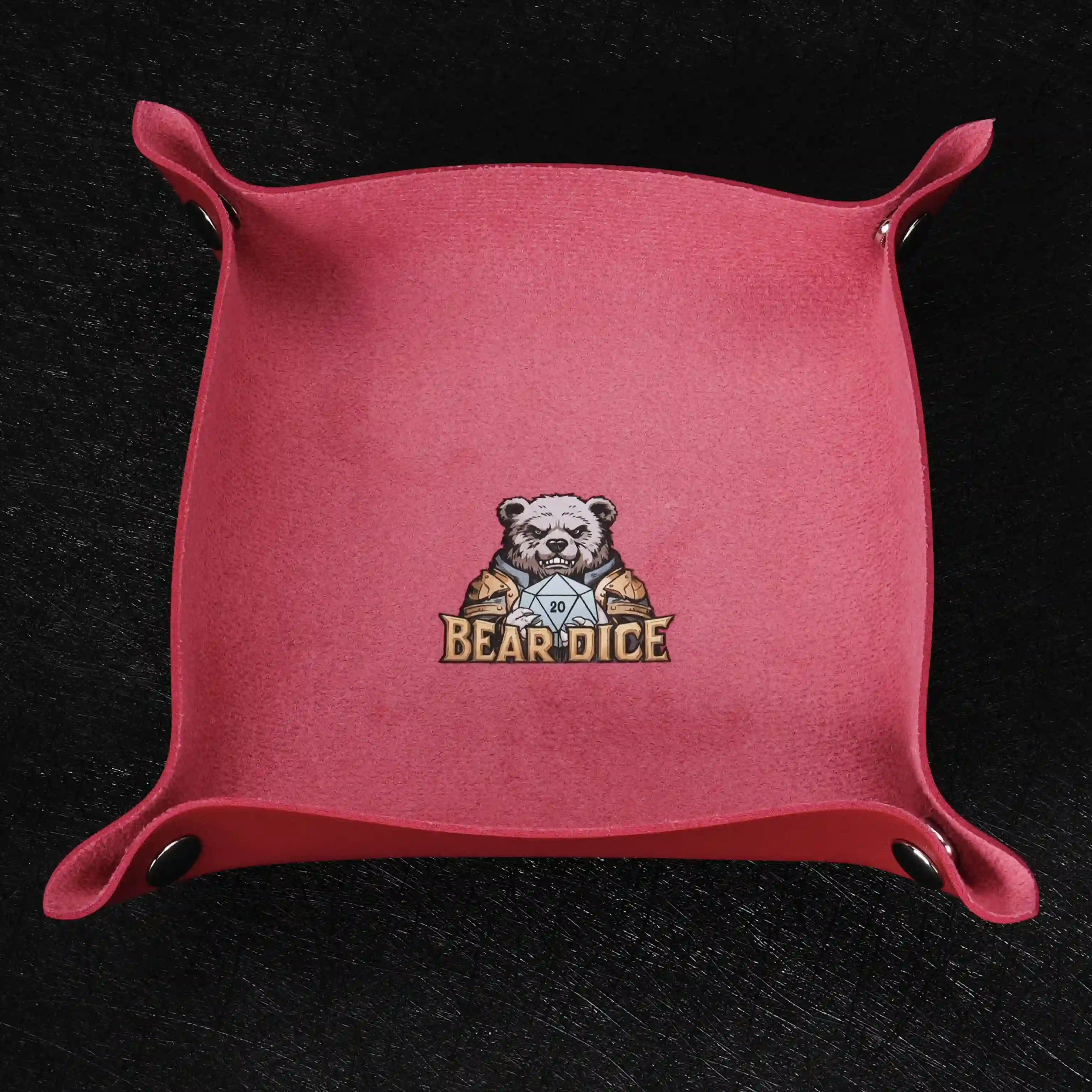 Red folding dice tray, with BearDice logo and snaps | BearDice