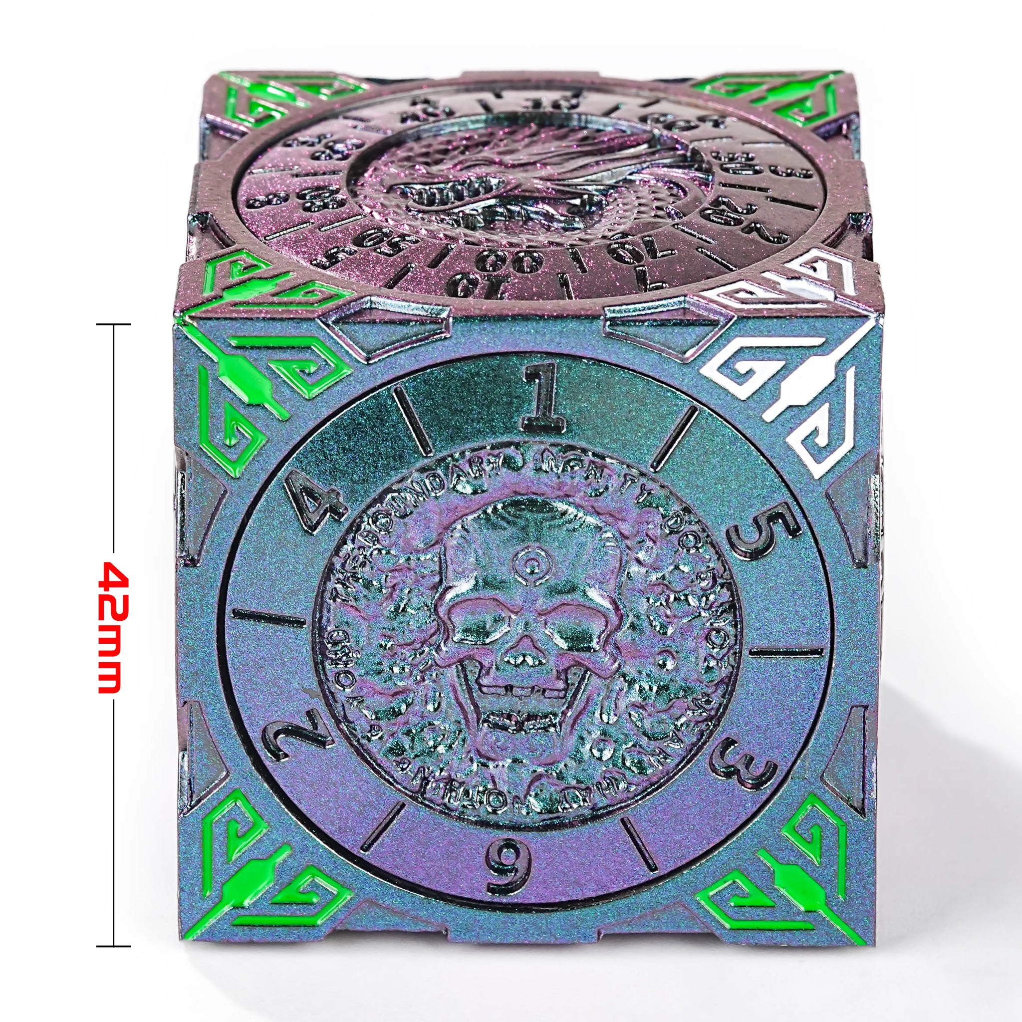 Cool Desktop Spinner Die: Purple-Green 7-in-1 Solid Metal DND Six-Sided Spinner Dice, 42mm Tall | Bear Dice
