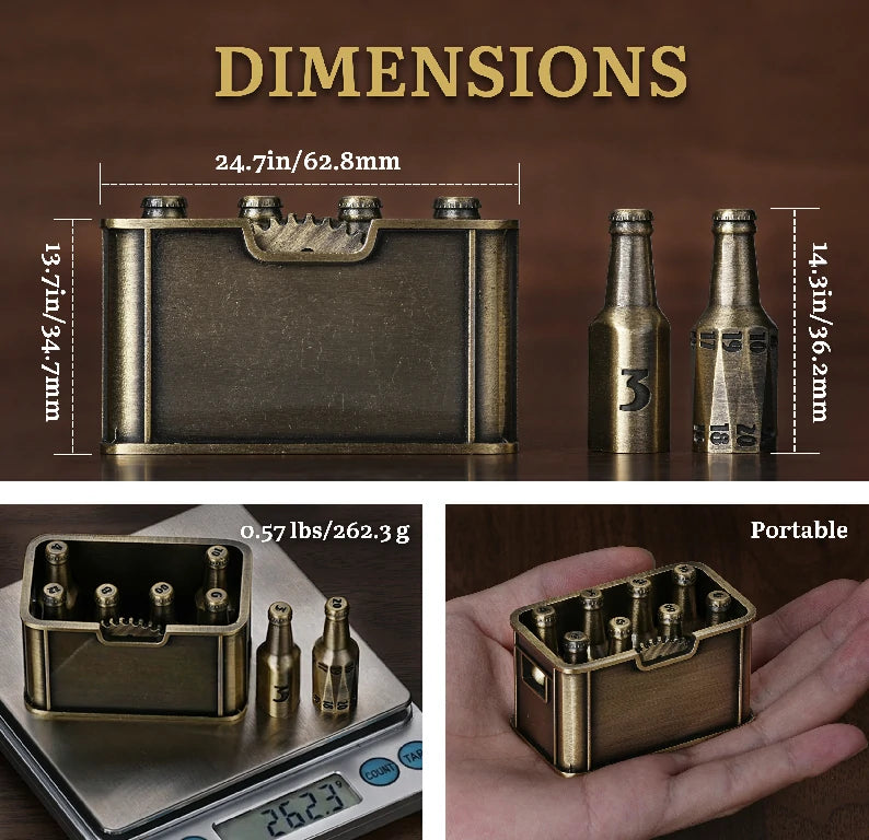 Dimensions of the unique metal beer bottle dice set: The beer bottle dice case measures 62.8 mm in length and 34.7 mm in width; the beer bottle die stands 36.2 mm tall and weighs 262.3 g | Bear Dice