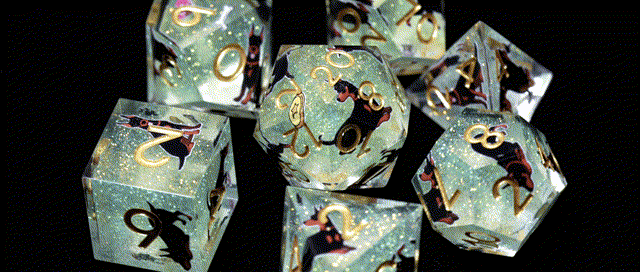 Animated GIF of Canine Legends Doberman Pinscher Resin DND Dice Set, sharp-edged polyhedral dice with light green glitter and embedded Doberman dog figurines, ideal for Dungeons & Dragons and tabletop RPGs.