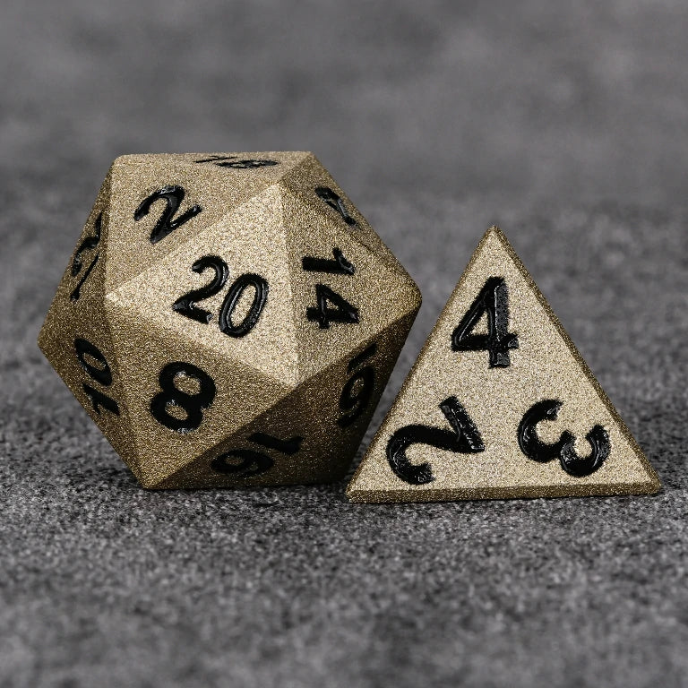 Dwarven Forge Antique Gold Metal DND D20 and D4 Dice with Black Numerals | Bear Dice