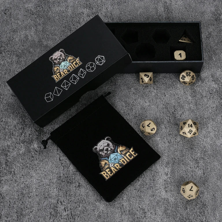 Dwarven Forge Antique Gold Metal D&D Dice Set with Black Numerals—Includes a Dice Box with a Foam-Lined Interior and a Drawstring Dice Bag | Bear Dice