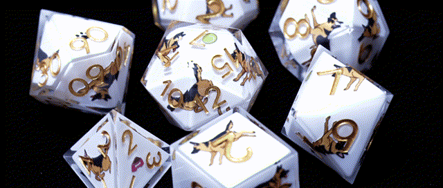 Animated GIF of Canine Legends German Shepherd Resin DND Dice Set, sharp-edged polyhedral dice with white base, embedded miniature German Shepherd dog figurines and golden numbering, perfect for Dungeons & Dragons and tabletop RPGs.