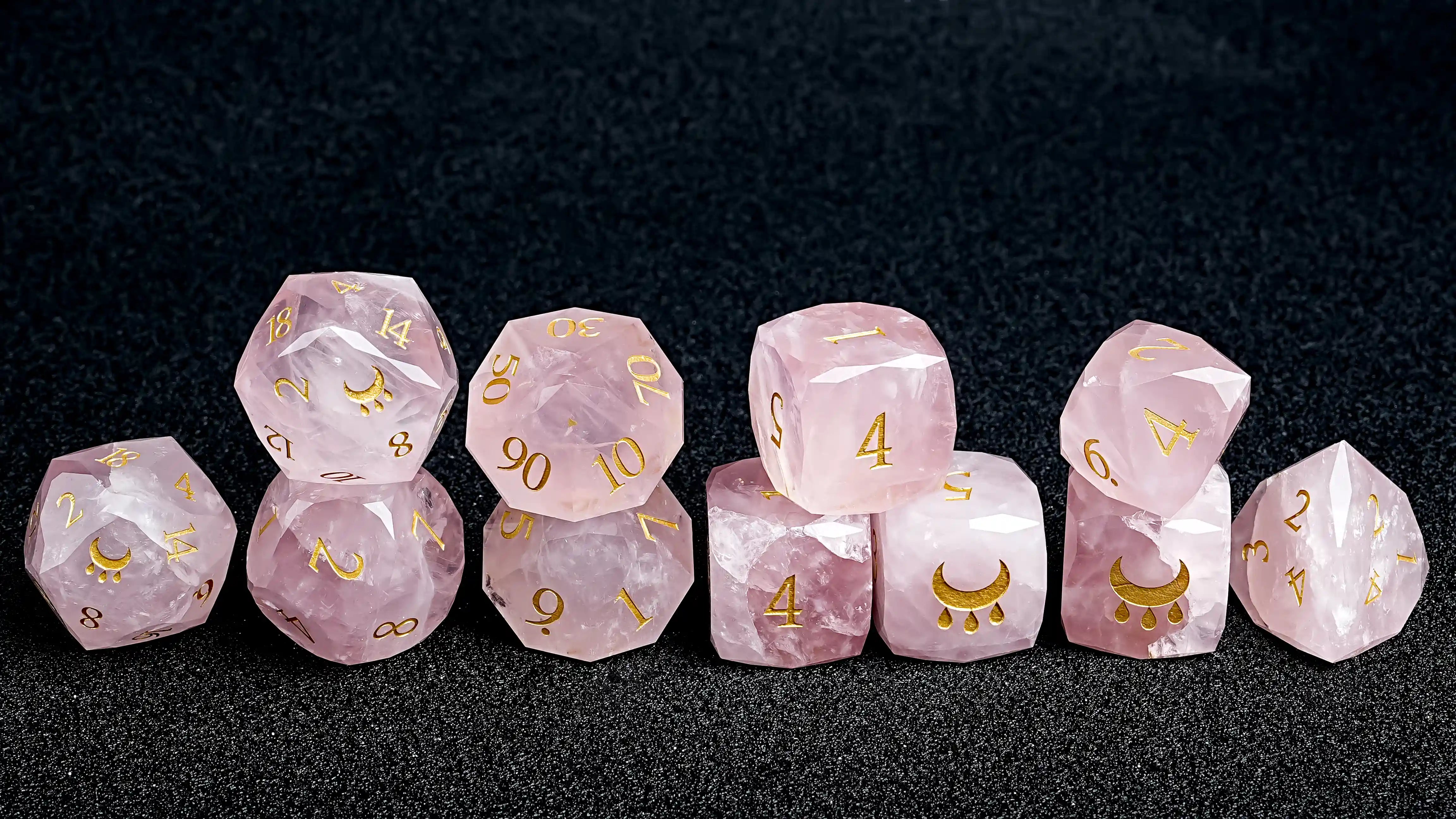 Kickstarter Dice - Natural Rose Quartz DND 11-Piece Dice Set Dice Engraved with the Gift of the Nile Pattern | Bear Dice