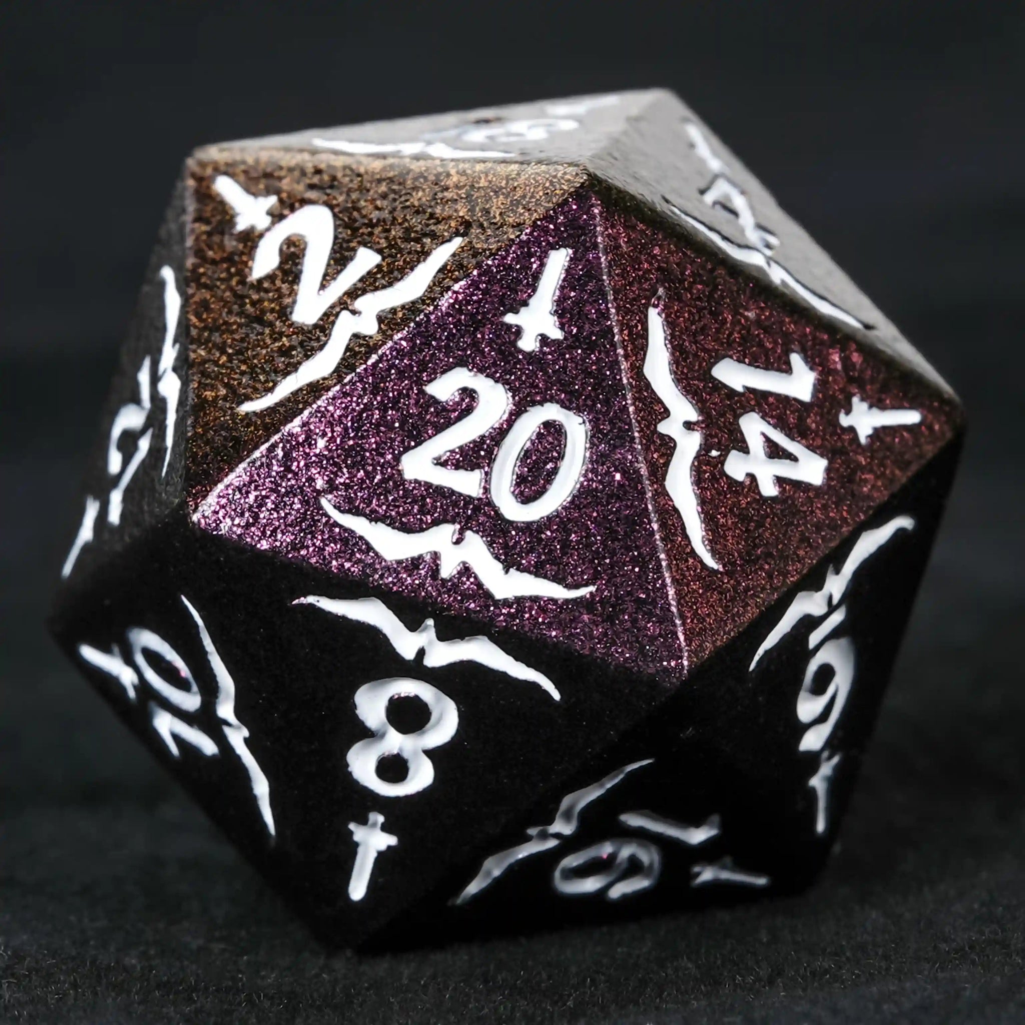 Gradient Purple Metallic Eagle and Sword DND D20 Dice, White Numbers | Bear Dice