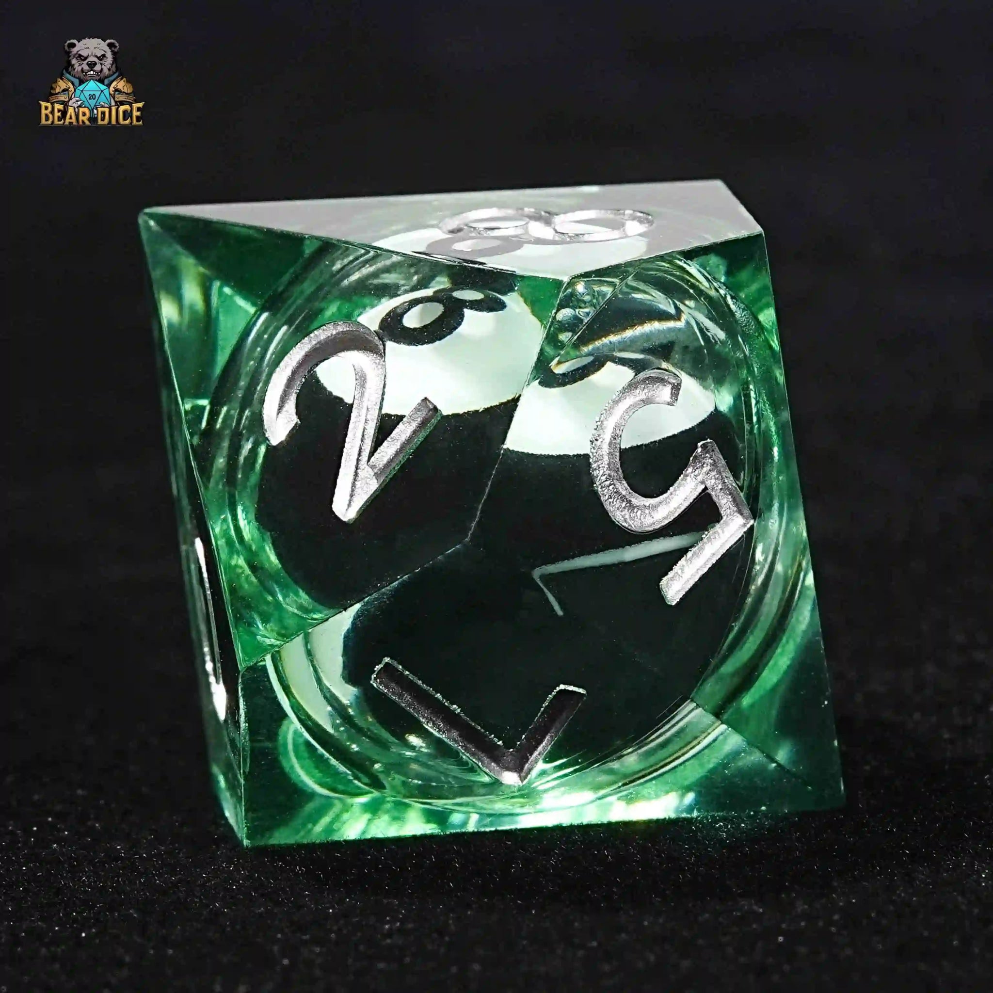 Green Clear Resin No.8 Billiard Liquid Core D10 Dice (with Silver Numbers) | Bear Dice