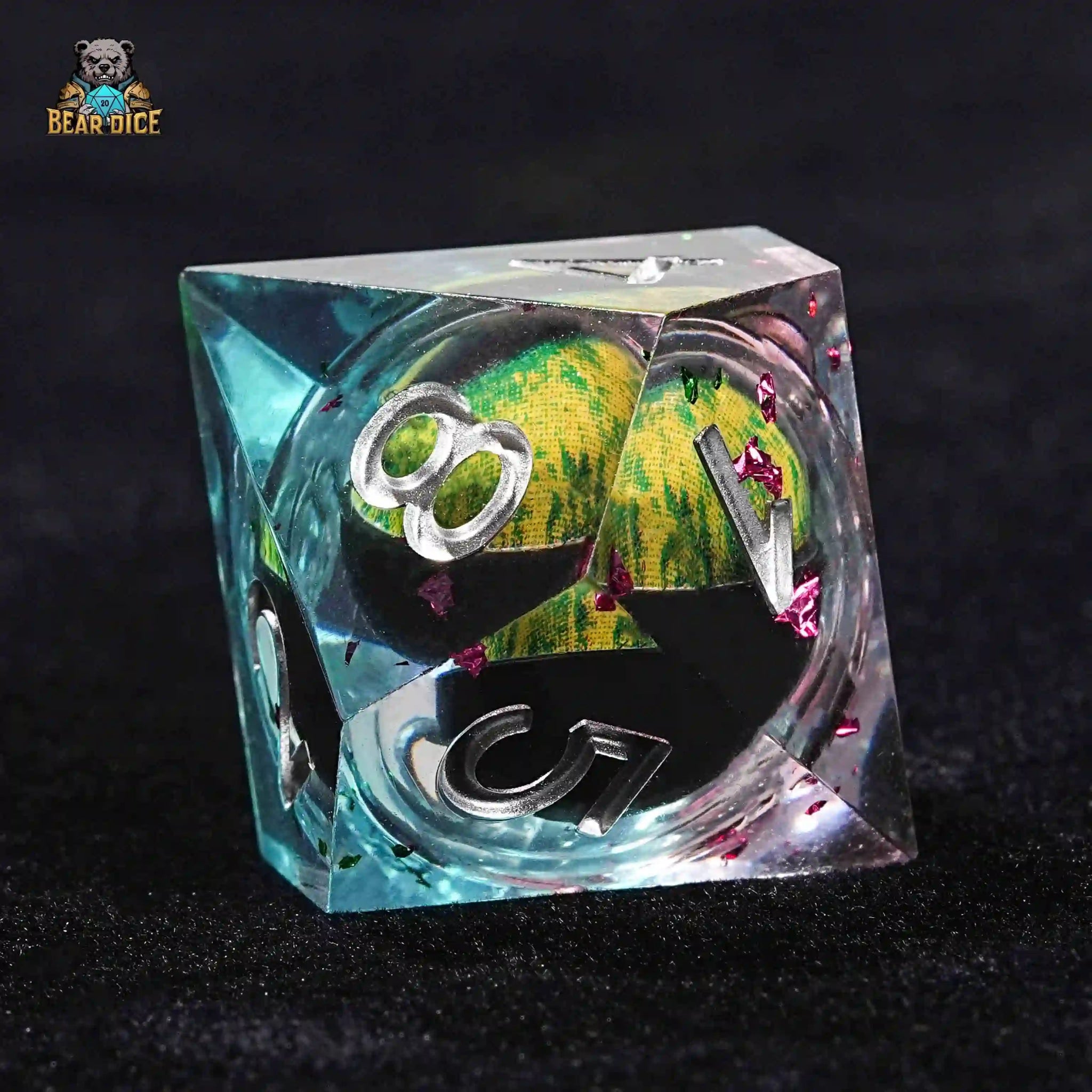 Transparent resin liquid core Green Dragon Eye D10 dice (10-sided dice), silver lettering, sharp edges | Bear Dice