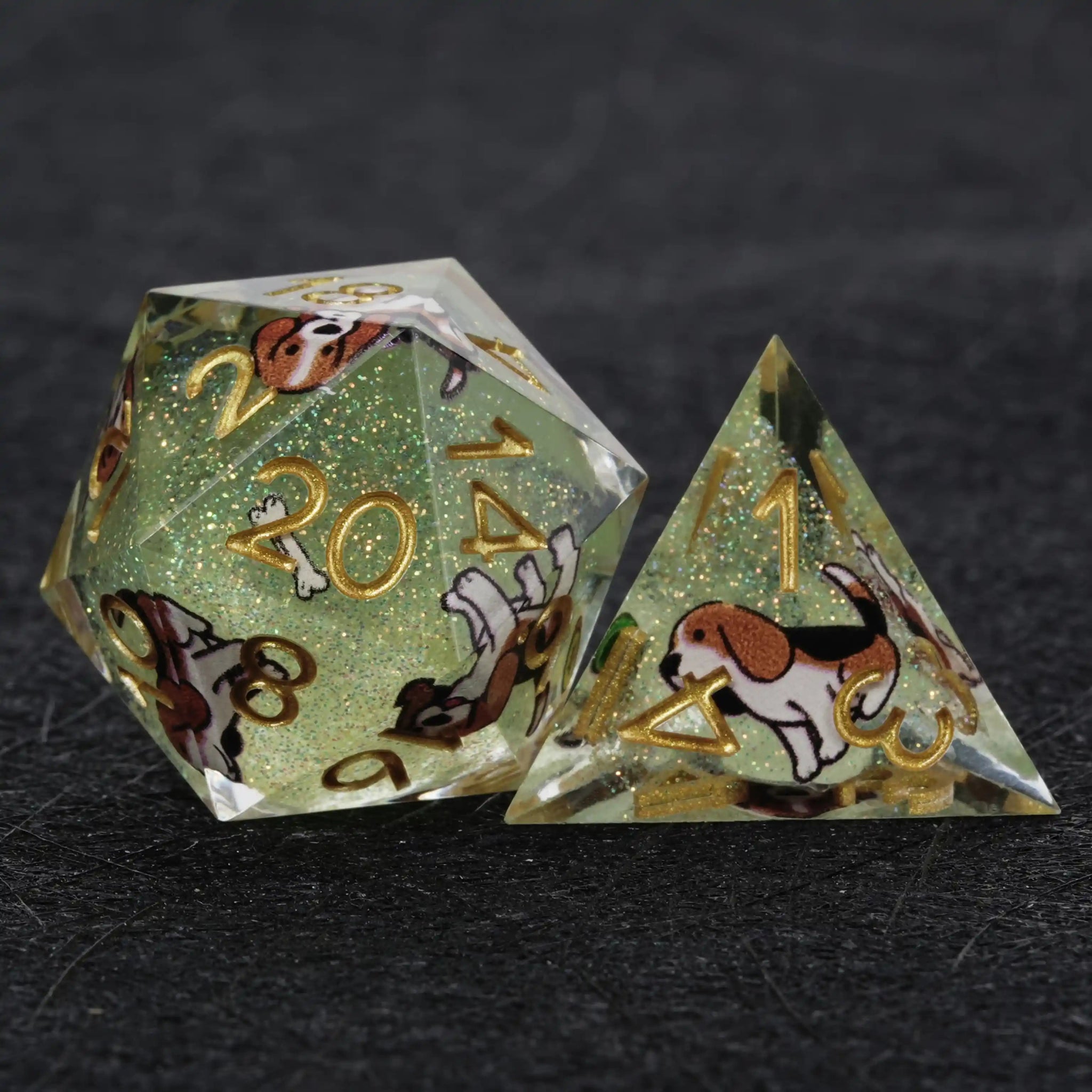 Kickstarter Dice – Green Glitter Resin Beagle DND D20 and D4 Dice | Bear Dice