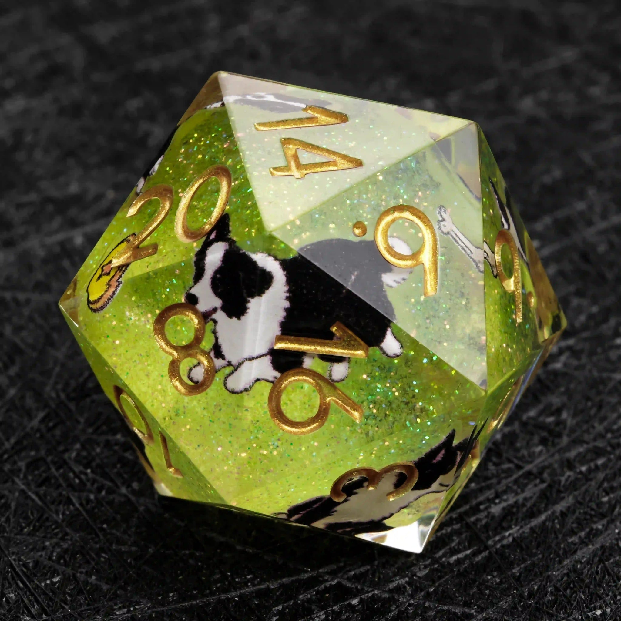 Kickstarter Dice – Green Glitter Resin Border Collie DND D20 Dice with Gold Numbers | Bear Dice