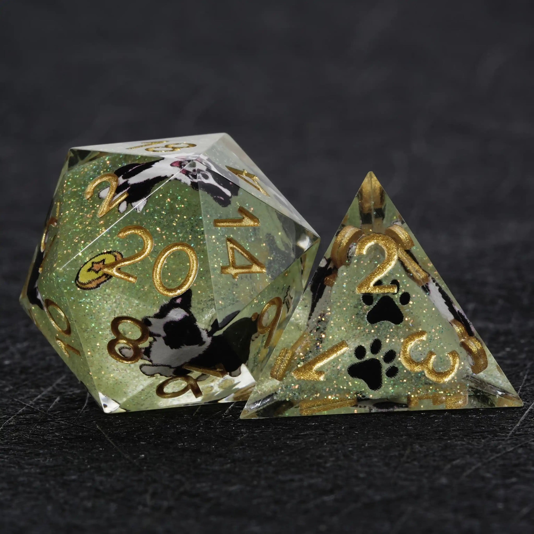 Kickstarter Dice – Green Glitter Resin Border Collie DND D20 and D4 Dice | Bear Dice