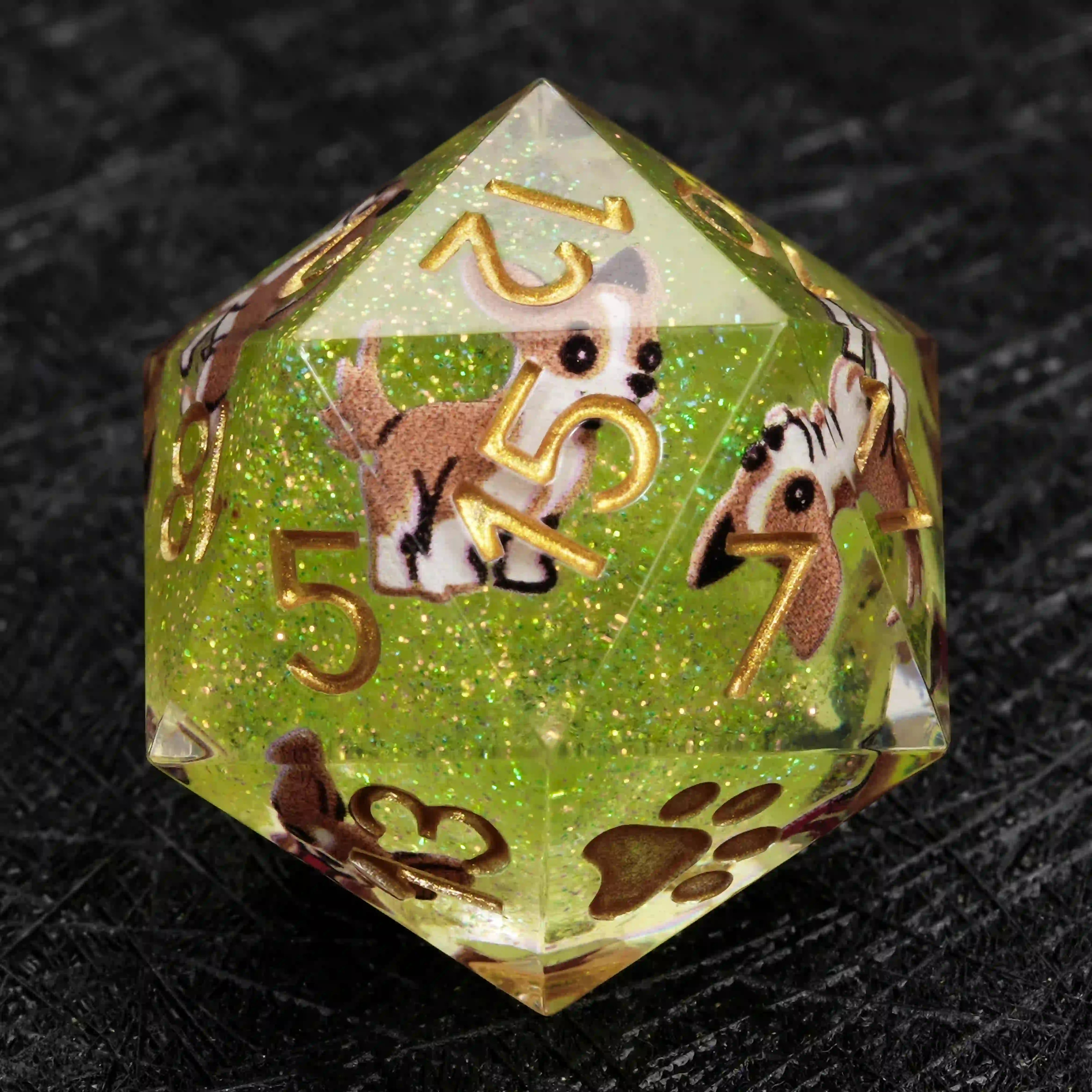 Kickstarter Dice – Green Glitter Resin Chihuahua DND D20 Dice with Gold Numbers | Bear Dice