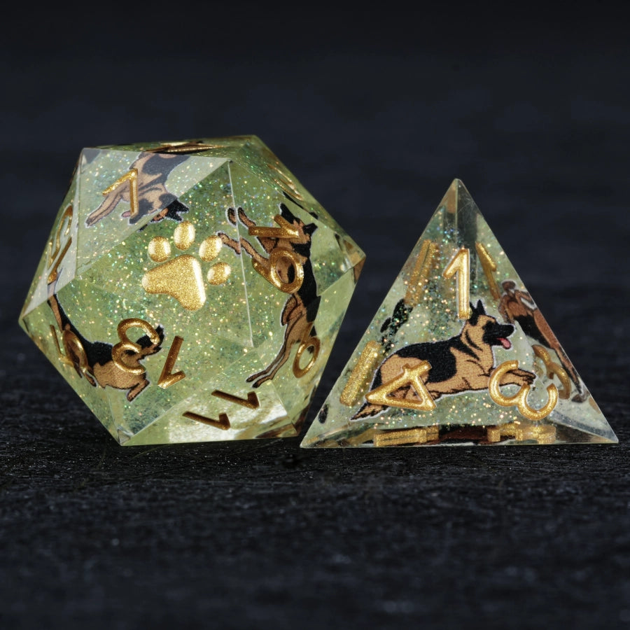 Kickstarter Dice – Green Glitter Resin German Shepherd DND D20 and D4 Dice with Sharp Edges | Bear Dice