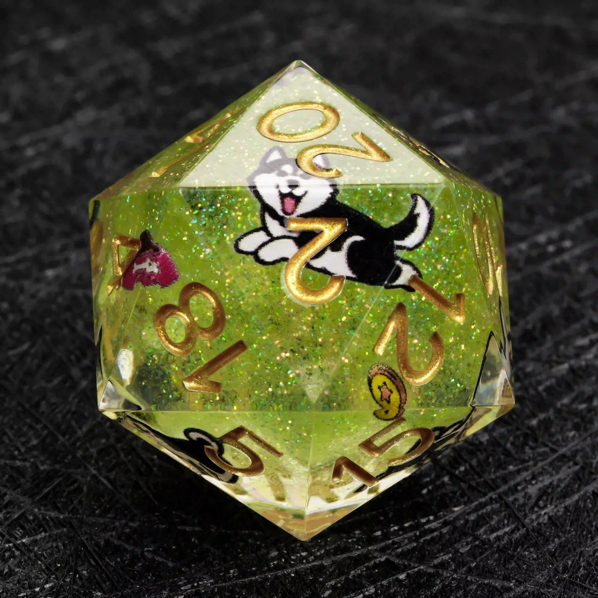 Kickstarter Dice – Green Glitter Resin Husky DND D20 Dice with Gold Numbers | Bear Dice