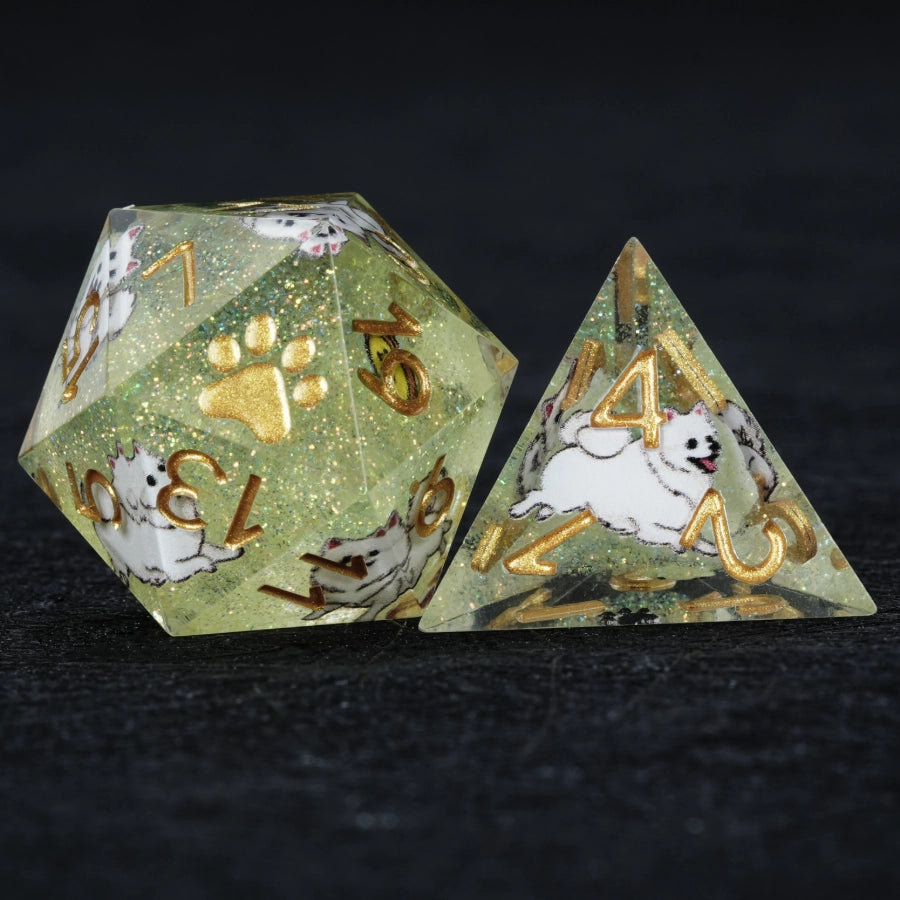 Kickstarter Dice – Green Glitter Resin Pomeranian DND D20 and D4 Dice with Sharp Edges | Bear Dice